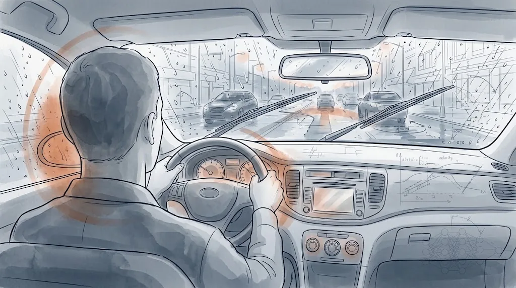 Illustration : un conducteur vu de dos, mains sur le volant, roule sous une pluie battante en ville ; son attention est tournée vers la route et les véhicules devant lui
